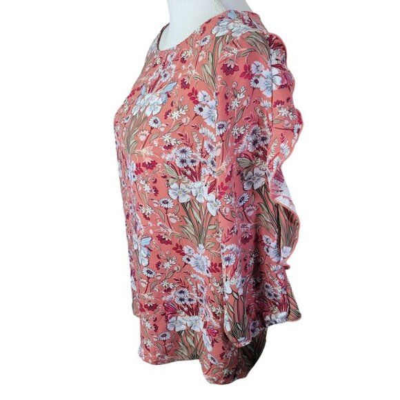 Lauren Conrad Floral Pink Sheer Long Sleeve Blouse Womens Large Ruffle Arm - Picture 5 of 12